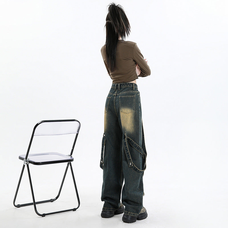 Pantaloni Retro Efect Prespălat denim largi cu tiv baggy buzunare cargo laterale si zone decolorate vazut din spate