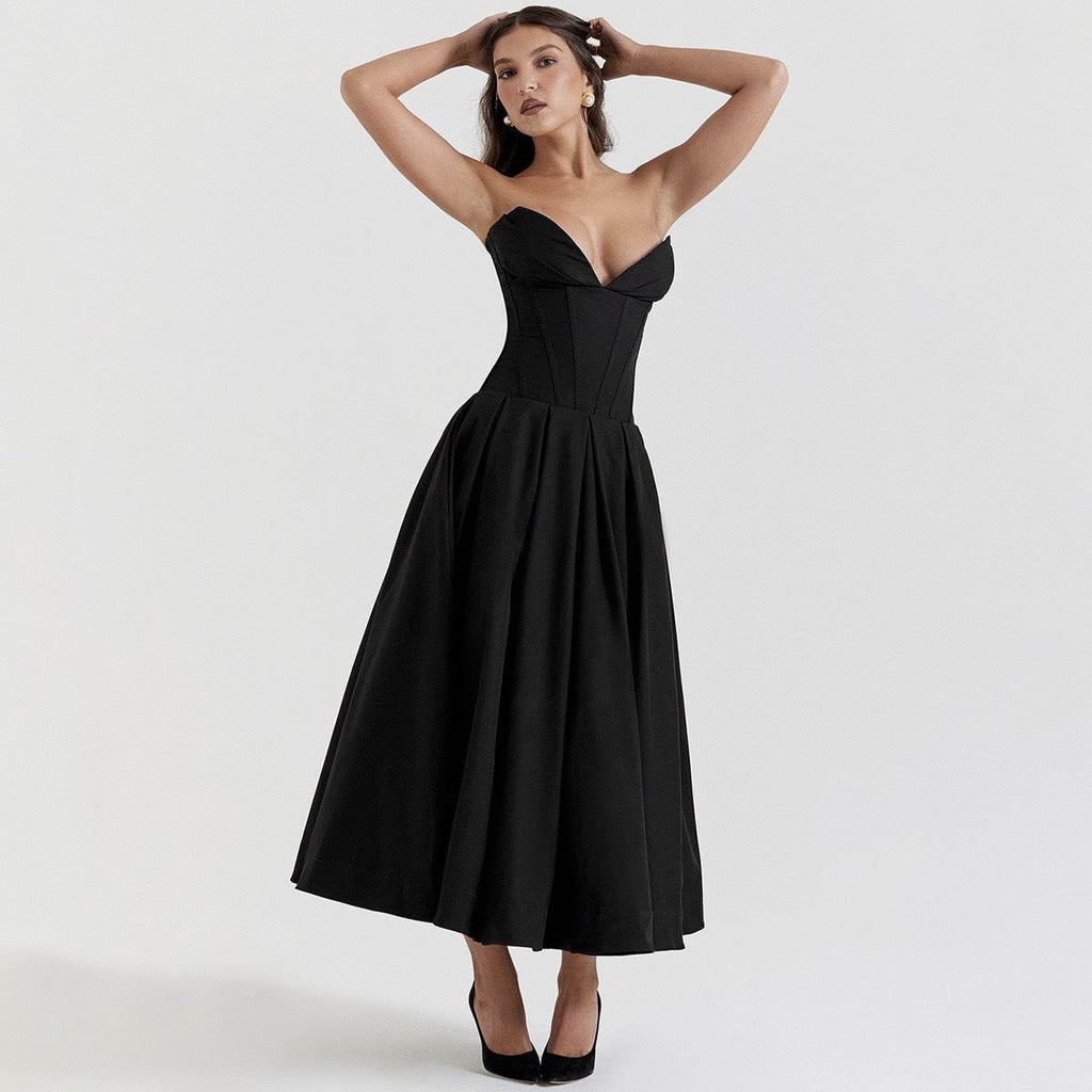 Rochie cu croială maxi și decolteu adânc neagră elegantă cu corset structurat și fustă evazată pentru ocazii speciale
