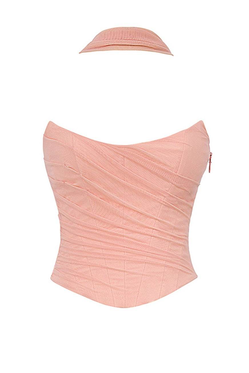 Rochie din trei piese tip sirenă. Corset bandaj roz pudrat structurat si bentita asortata