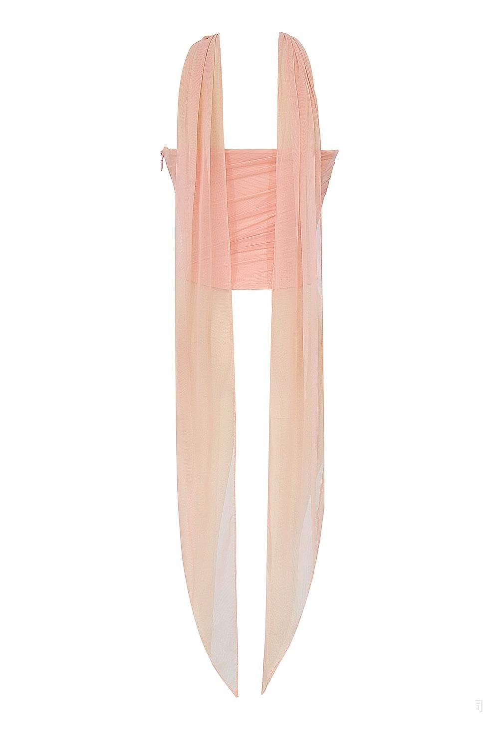 Rochie din trei piese tip sirenă roz pal din chiffon cu corset drapat si fuste lungi asimetrice