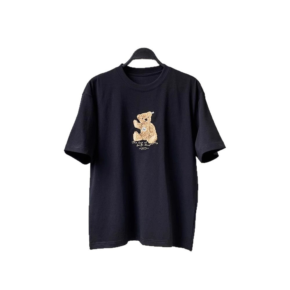 Tricou cu urs brodat negru de la AM Vision RO bumbac moale design teddy brodat central