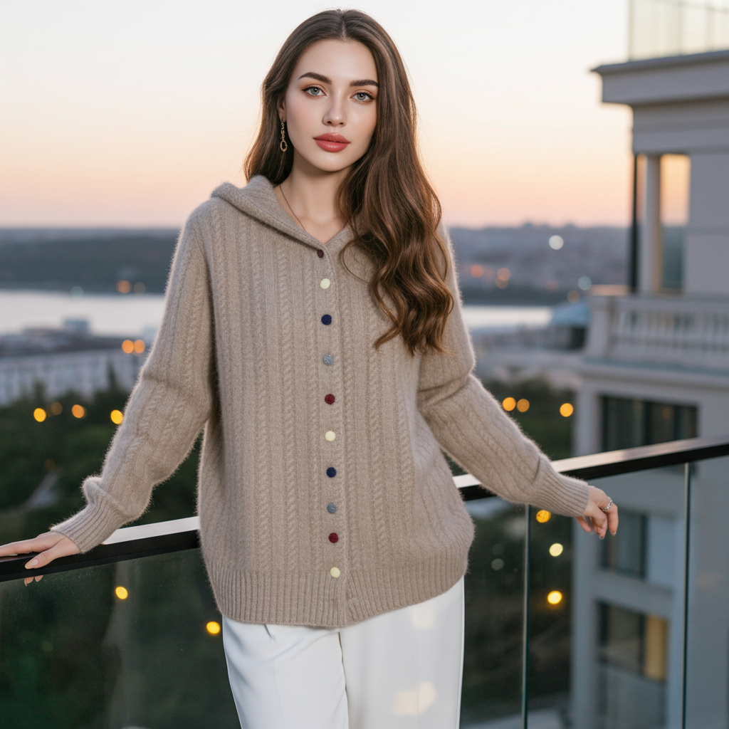 Auriell Wool Hooded Cardigan in Beige with Colorful Buttons for a Cozy Fall Look