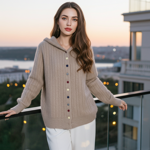Auriell Wool Hooded Cardigan in Beige with Colorful Buttons for a Cozy Fall Look