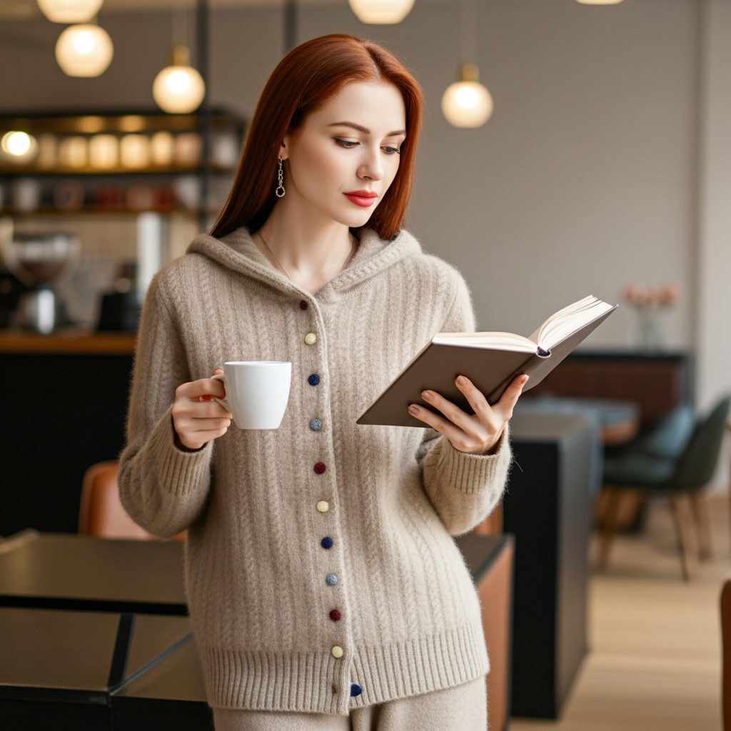 Stylish man wearing an Auriell Wool Hooded Cardigan in a modern interior with tailored clothing