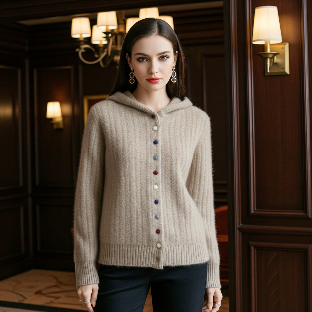 Auriell Wool Hooded Cardigan in beige with colorful buttons and cable knit pattern for a stylish look