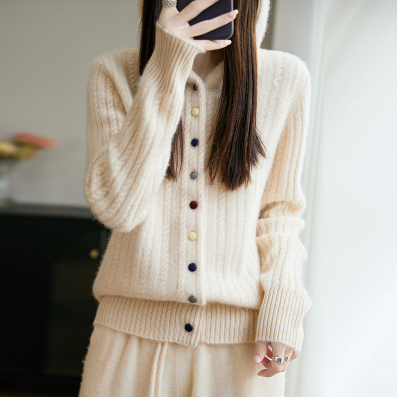 Auriell Wool Hooded Cardigan in cream with colorful buttons and cozy knit design