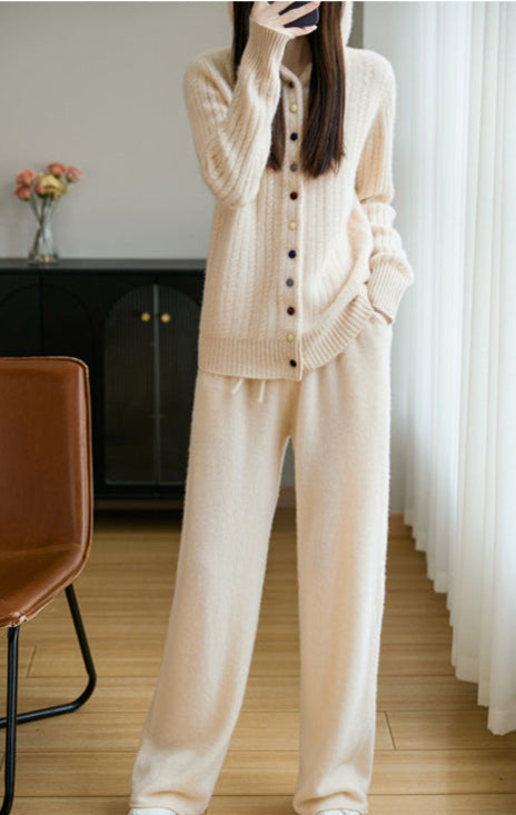 Auriell Wool Hooded Cardigan in cream color paired with matching cozy pants for casual lounging