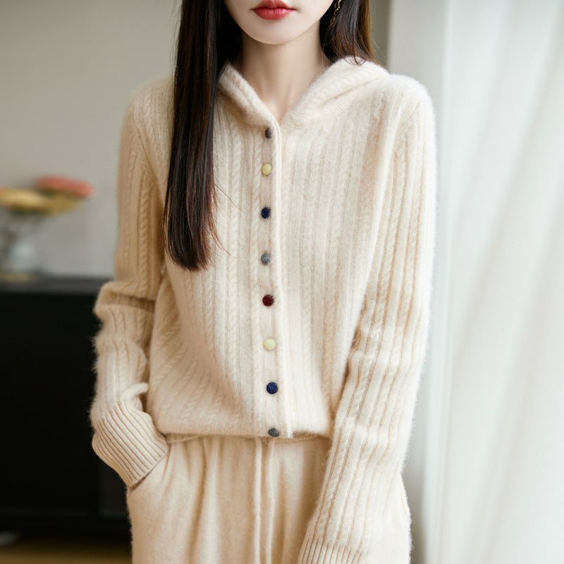 Auriell Wool Hooded Cardigan in soft beige with colorful button details, perfect for cozy outfits