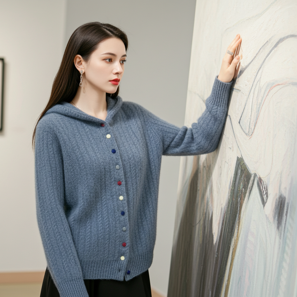 Auriell Wool Hooded Cardigan in soft blue with button details and cozy hood for casual wear