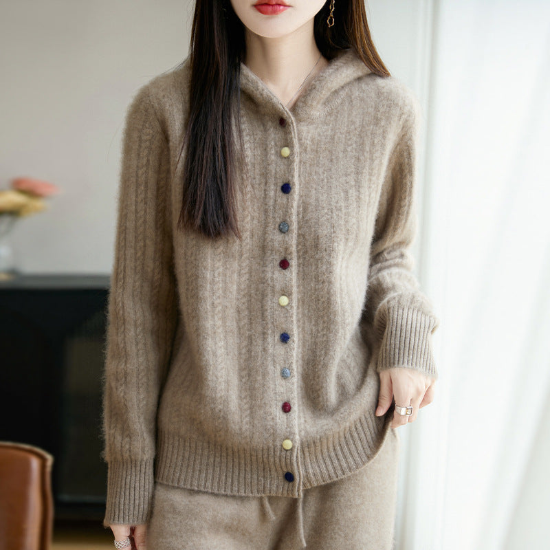 Auriell Wool Hooded Cardigan in beige with colorful buttons, perfect for cozy layering in cool weather