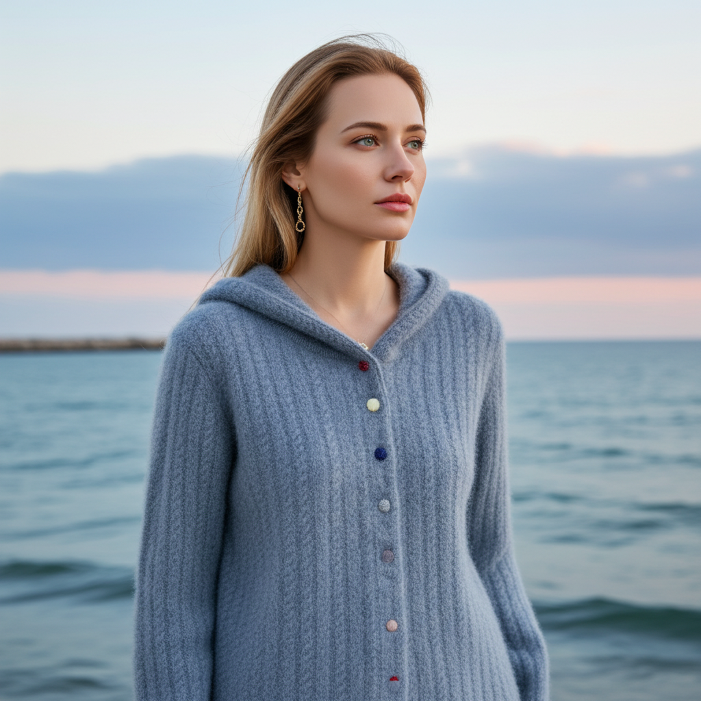 Auriell Wool Hooded Cardigan in soft blue with buttons, perfect for casual beach outings