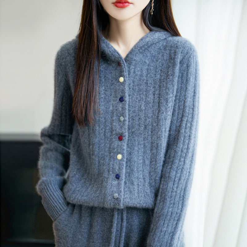 Auriell Wool Hooded Cardigan in gray with a ribbed texture and colorful buttons for a stylish look