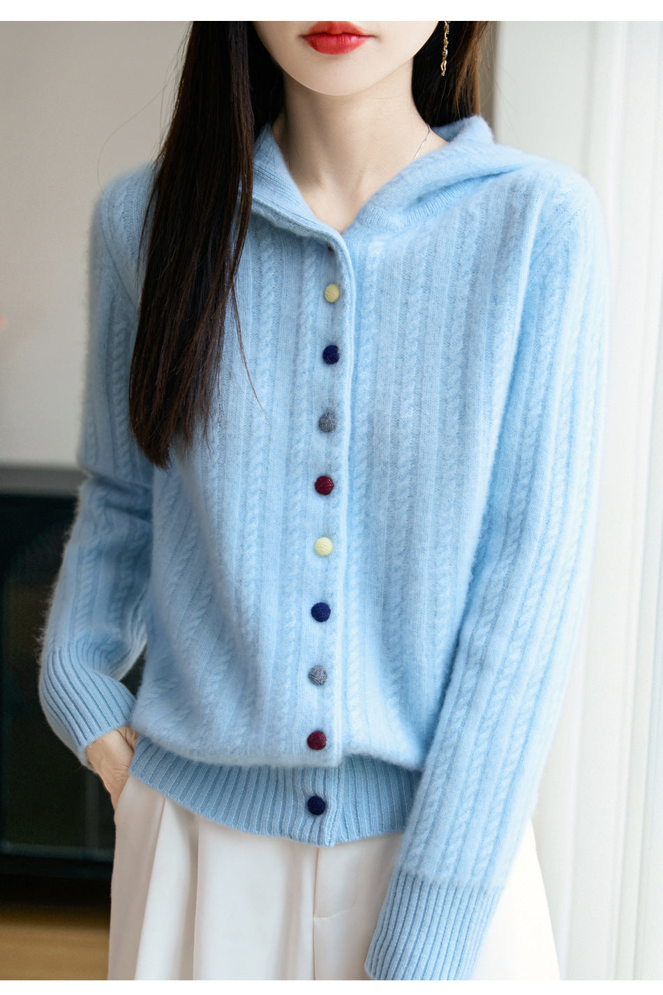 Auriell Wool Hooded Cardigan in light blue with colorful buttons and ribbed texture for a stylish look