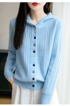 Auriell Wool Hooded Cardigan in light blue with colorful buttons and ribbed texture for a stylish look