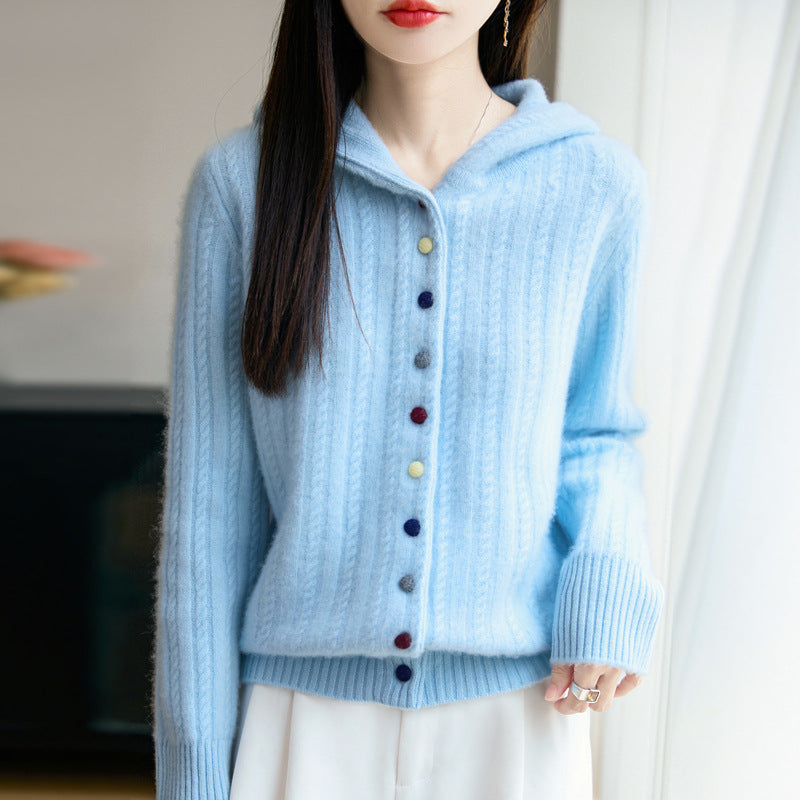 Auriell Wool Hooded Cardigan in light blue with colorful buttons and cozy design for stylish comfort