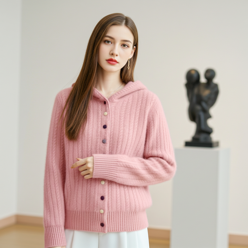 Auriell Wool Hooded Cardigan in pink with a cozy design and button closure, perfect for stylish layering