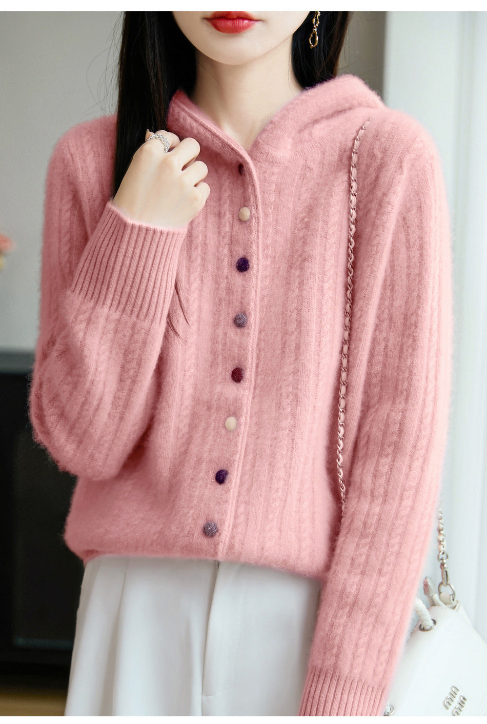 Auriell Wool Hooded Cardigan in Soft Pink with Button Closure and Ribbed Sleeves