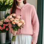 Auriell Wool Hooded Cardigan in soft pink worn with floral bouquet for a stylish look