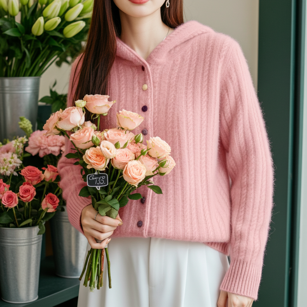 Auriell Wool Hooded Cardigan in soft pink worn with floral bouquet for a stylish look