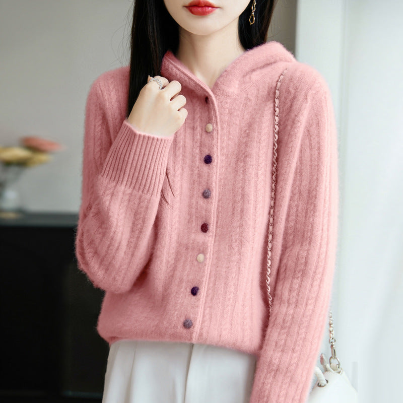 Auriell Wool Hooded Cardigan in soft pink with button details and ribbed texture for cozy style
