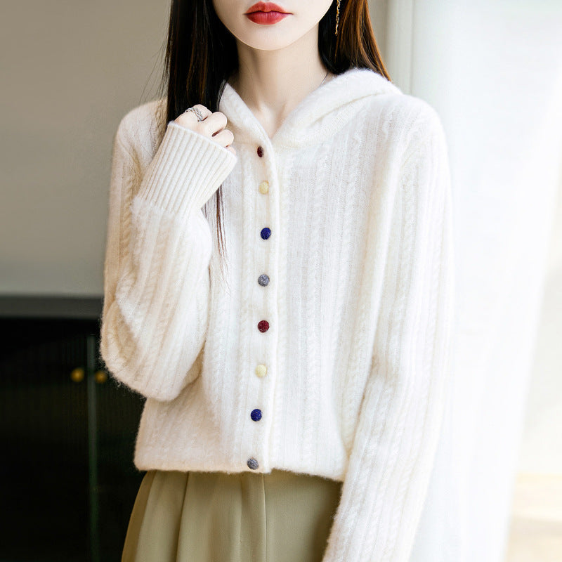 Auriell Wool Hooded Cardigan in Cream with Colorful Buttons and Cozy Texture