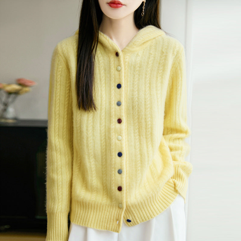 Auriell Wool Hooded Cardigan in yellow with button closure and ribbed texture for a cozy look