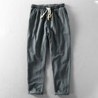 Comfortable AM Vision RO Autumn Linen Pants in dark gray with an elastic waistband and drawstring