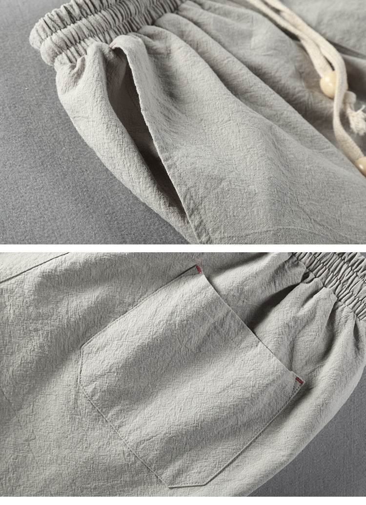 Light Gray Autumn Linen Pants with Elastic Waistband and Side Pocket for Comfort