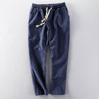 Comfortable navy Autumn Linen Pants with an adjustable drawstring waistband for casual wear
