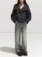 Autumn Sparkling 3D Rhinestone Straight-Leg Jeans with a stylish oversized jacket for a modern look