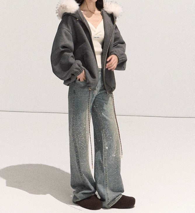 Autumn Sparkling 3D Rhinestone Straight-Leg Jeans paired with a cozy jacket and casual top