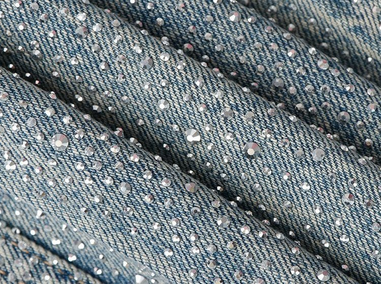Close-up of Autumn Sparkling 3D Rhinestone Straight-Leg Jeans with shimmering rhinestones on denim fabric