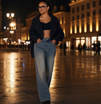 Stylish model wearing Autumn Sparkling 3D Rhinestone Straight-Leg Jeans with a cropped top and jacket