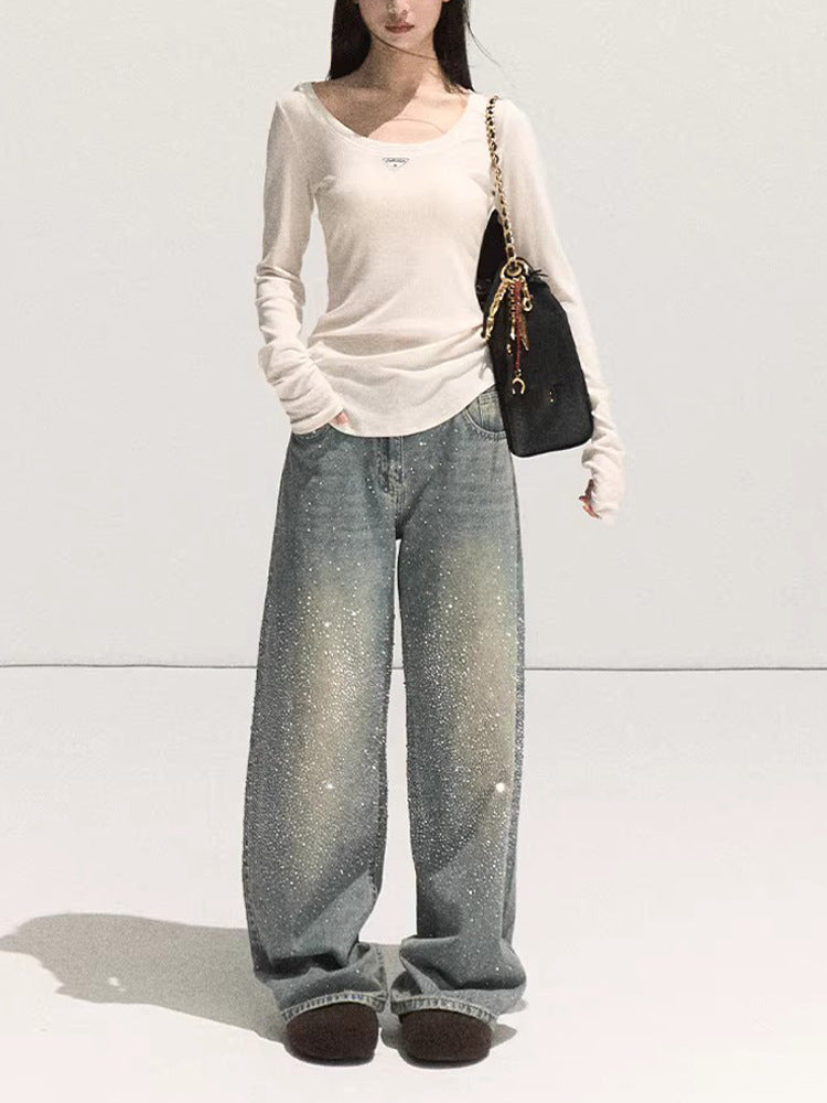 Autumn Sparkling 3D Rhinestone Straight-Leg Jeans worn with a light top and stylish handbag for a trendy look