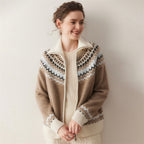 Aveline Fair Isle Cashmere Cardigan in neutral tones with a cozy collar and intricate patterns