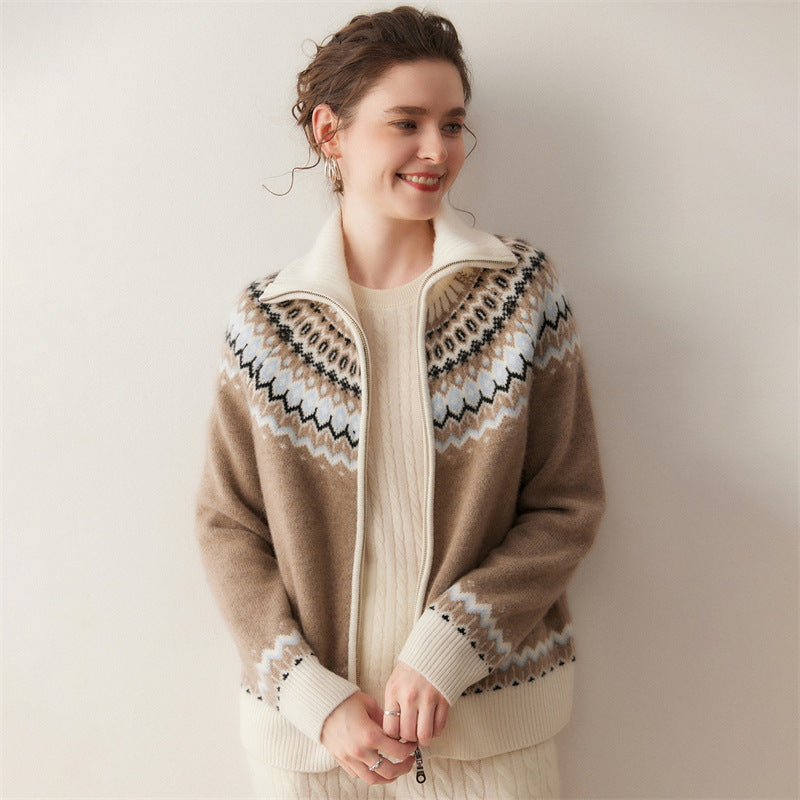 Aveline Fair Isle Cashmere Cardigan in neutral tones with a cozy collar and intricate patterns
