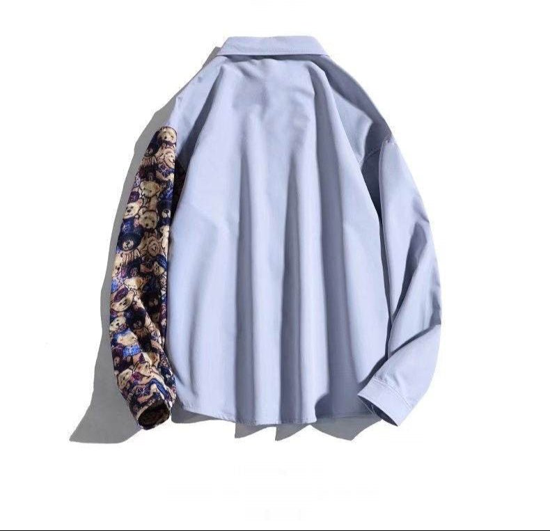 Light blue Bear Print Shirt featuring a colorful patterned sleeve for a stylish look