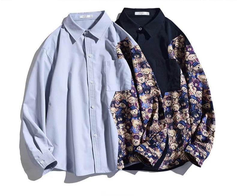 Two-tone Bear Print Shirt featuring colorful bear design on one side and solid color on the other side