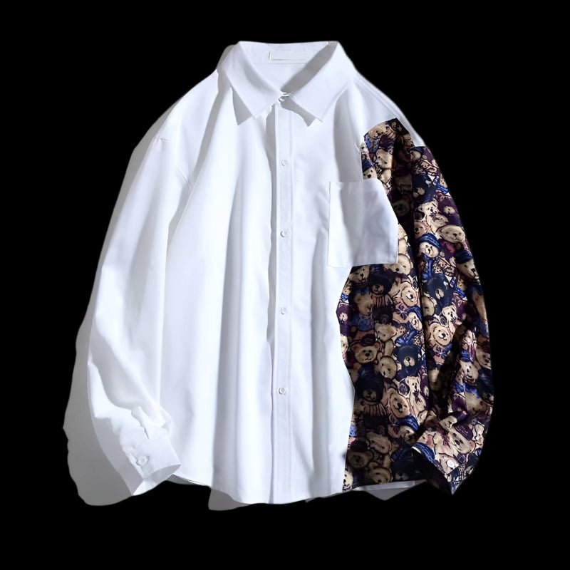 AM Vision RO Bear Print Shirt featuring a white front and colorful bear pattern sleeve