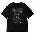 Black bear print t-shirt featuring a cartoon bear in a hoodie with stylish graphics