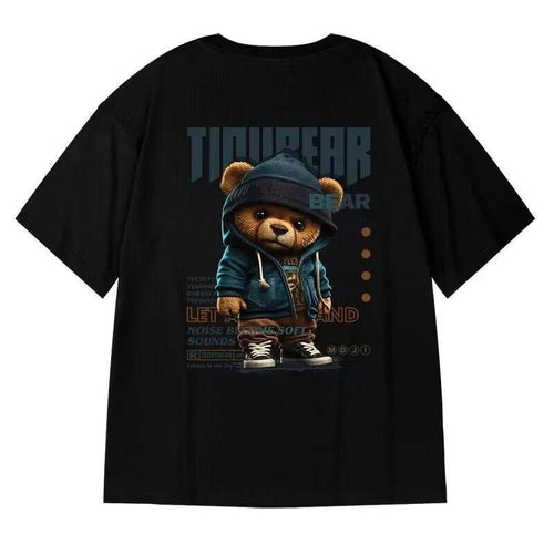 Black bear print t-shirt featuring a cartoon bear in a hoodie with stylish graphics