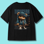 Black bear print t-shirt featuring a cute bear in a hoodie with vibrant graphic design
