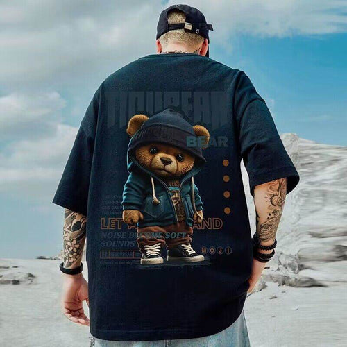 Bear print t-shirt with cute bear wearing hoodie design on black casual shirt