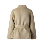 Beige Wool Coat With Wrap Belt featuring a soft texture and stylish design for cozy winter wear.