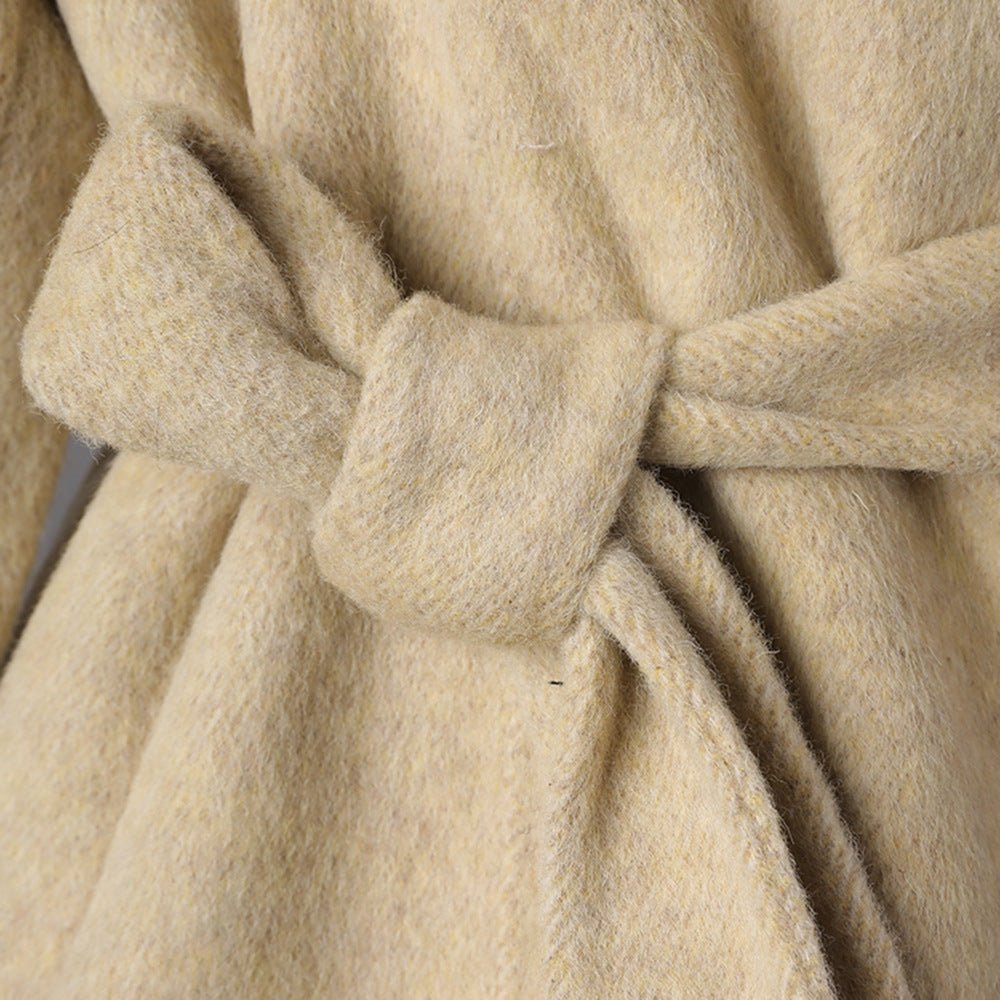 Beige Wool Coat With Wrap Belt, Soft Texture showcasing the cozy fabric and stylish design