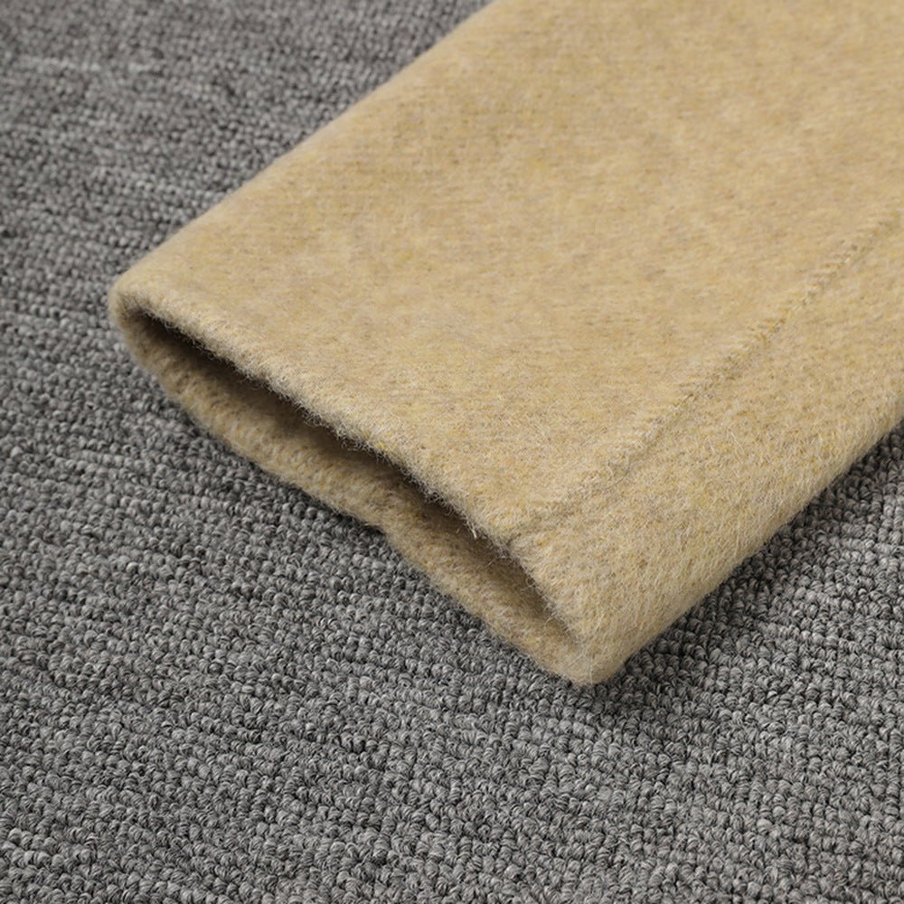 Close-up of a Beige Wool Coat With Wrap Belt, Soft Texture highlighting the fabric quality and craftsmanship