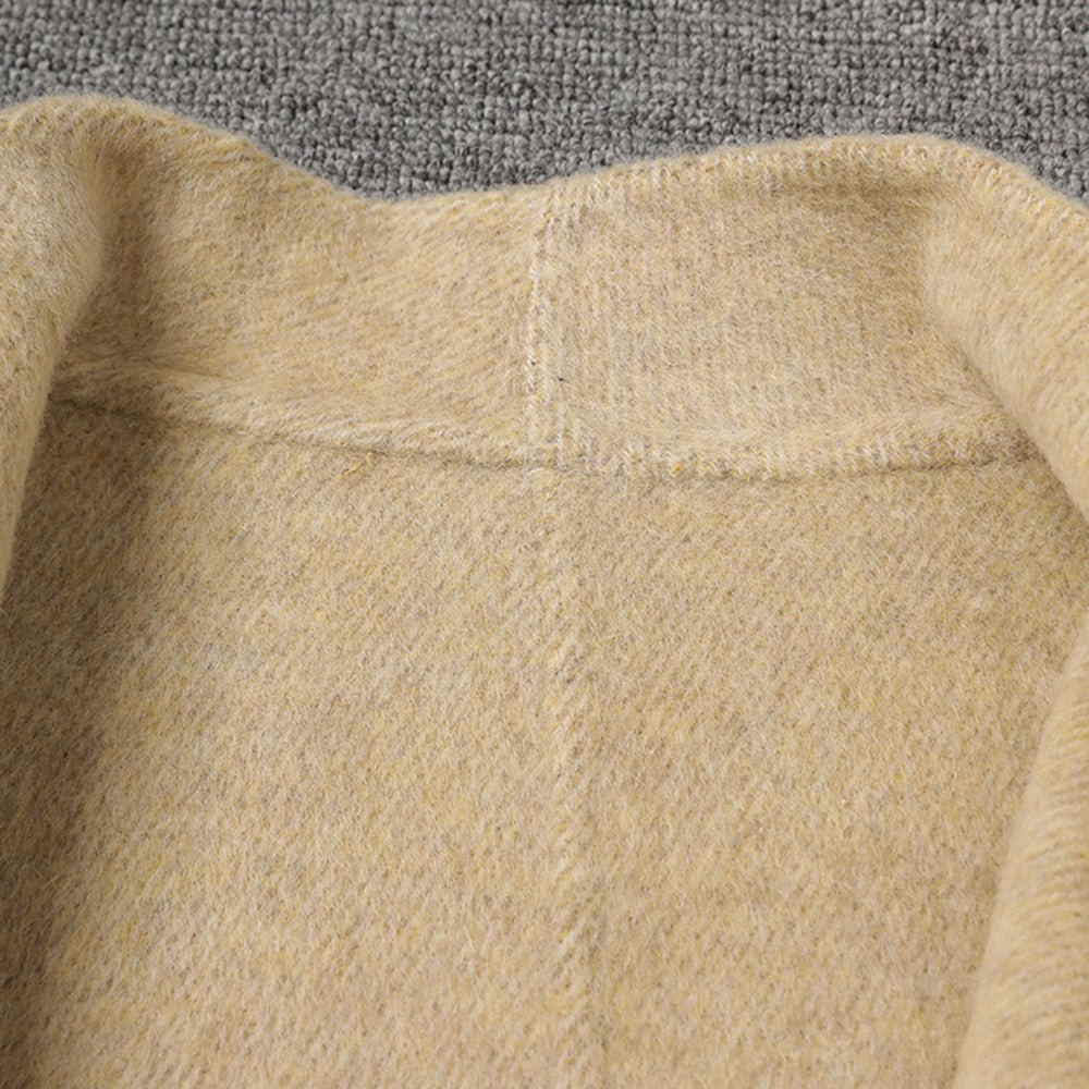 Beige Wool Coat With Wrap Belt, Soft Texture showing the collar and inner lining for a cozy fit.