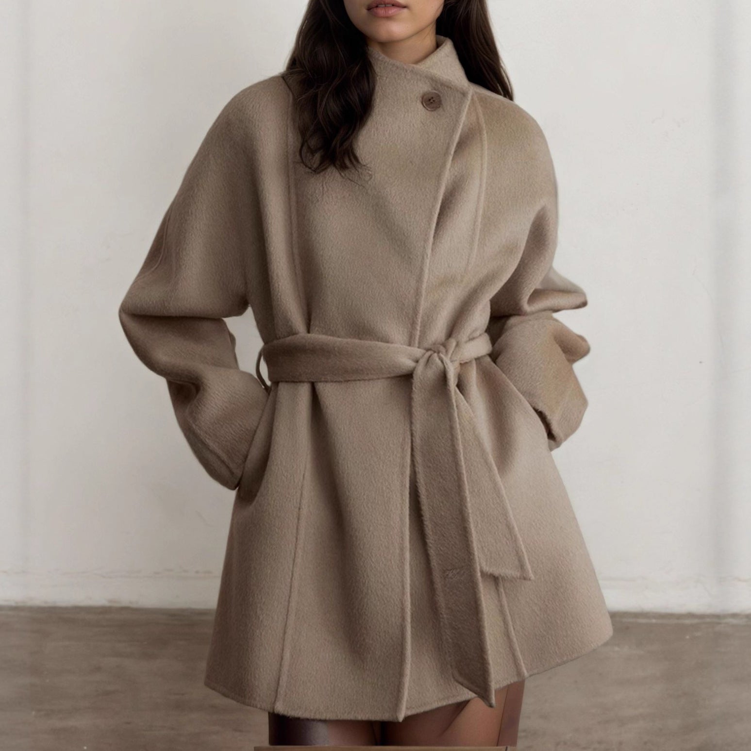 Beige Wool Coat With Wrap Belt, Soft Texture featuring a stylish design and comfortable fit