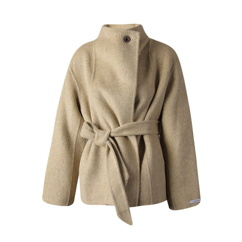Beige Wool Coat With Wrap Belt, Soft Texture featuring a modern design and comfy fit.
