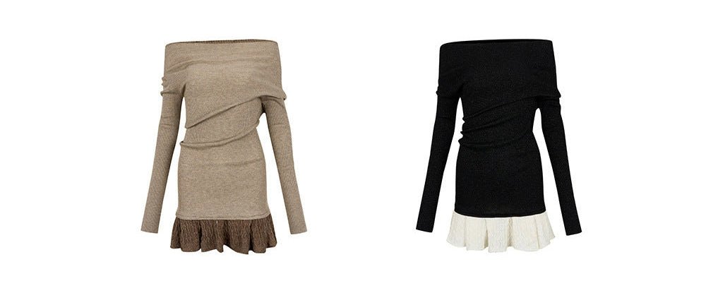 Black Knitted Sweater Dress With Spliced Skirt featuring an off-shoulder design and elegant flared hem